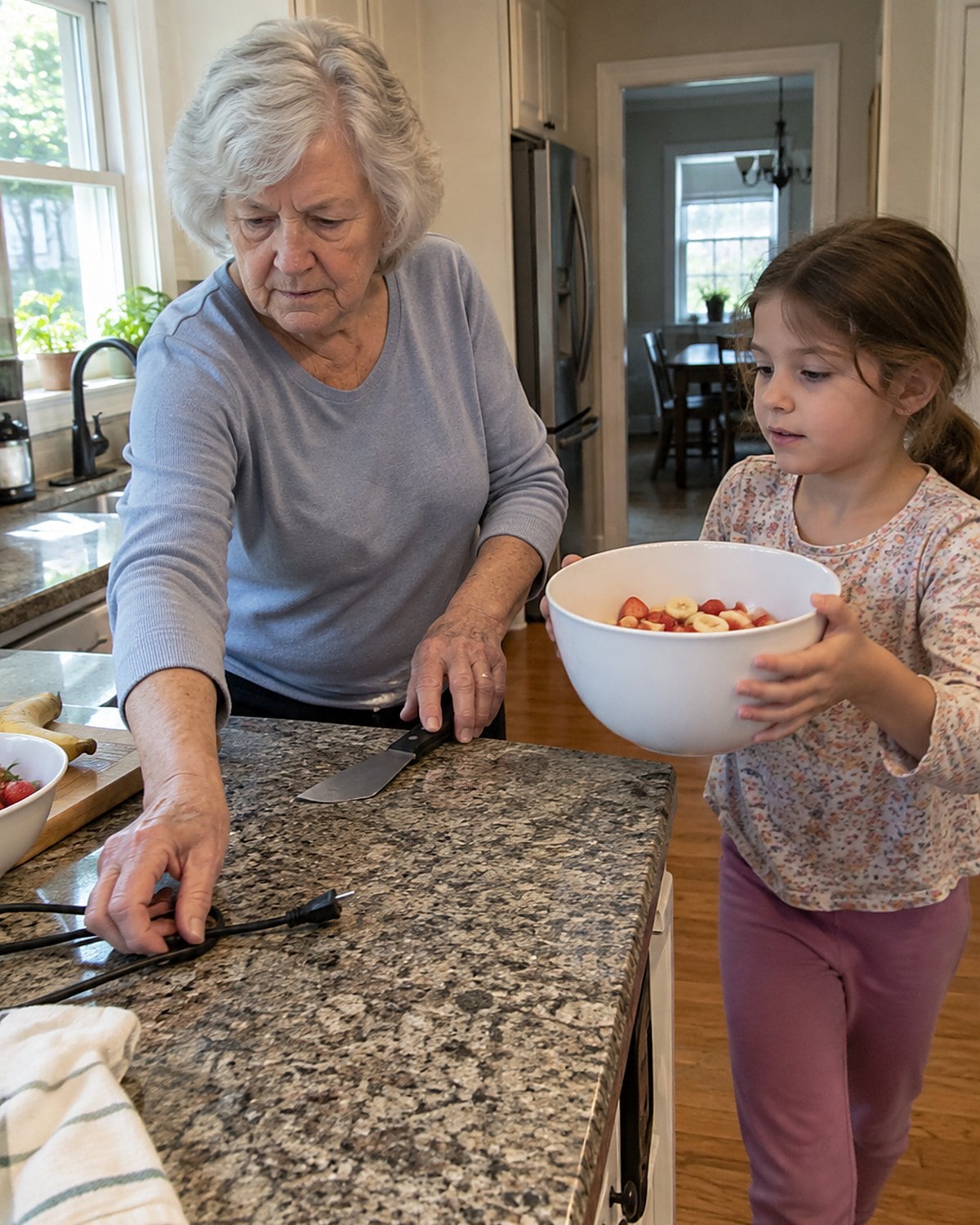 An older woman clearing a knife and cord from the counter before a child brings over a bowl.