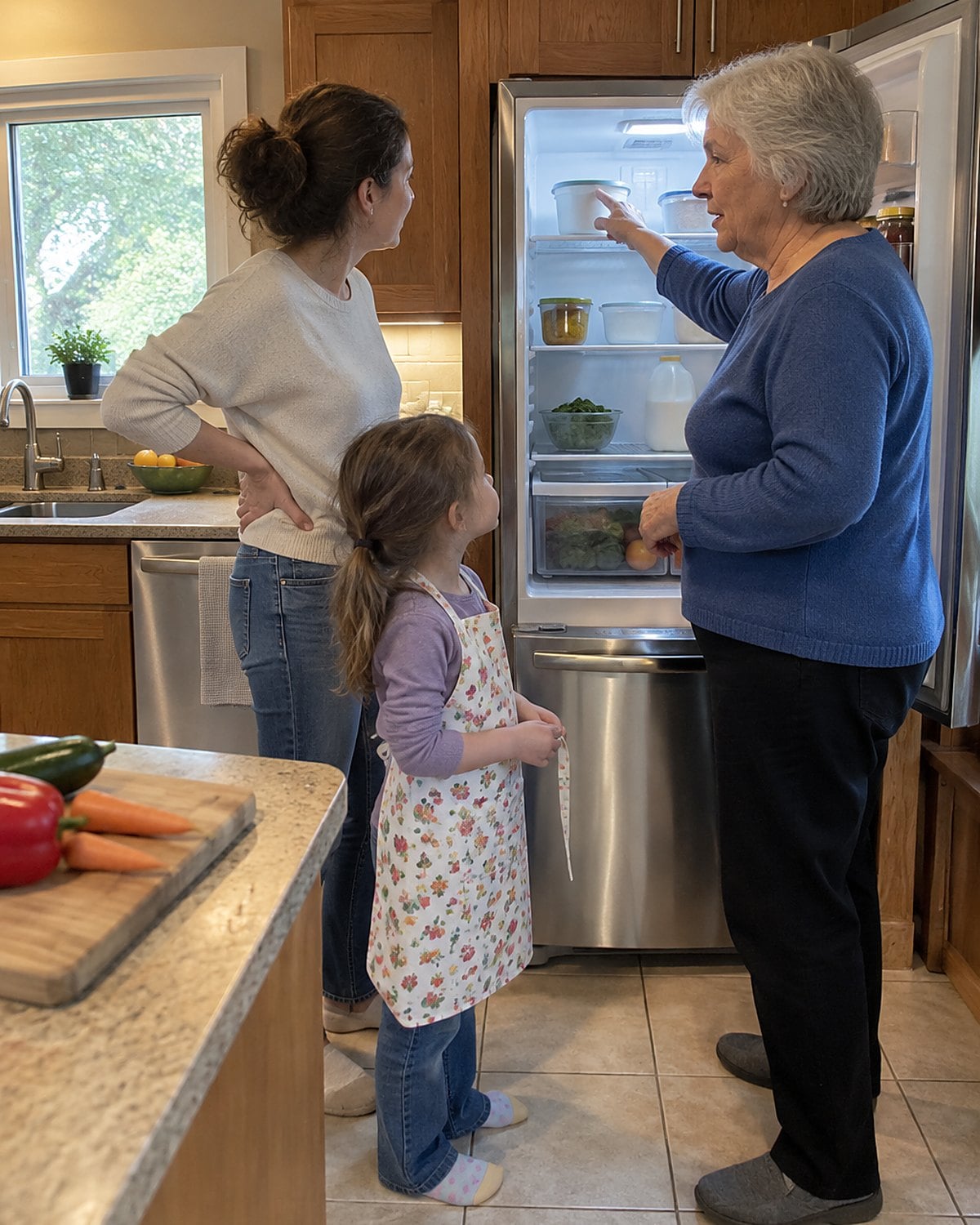 An older woman and a parent talking beside a fridge door while a child waits with an apron.