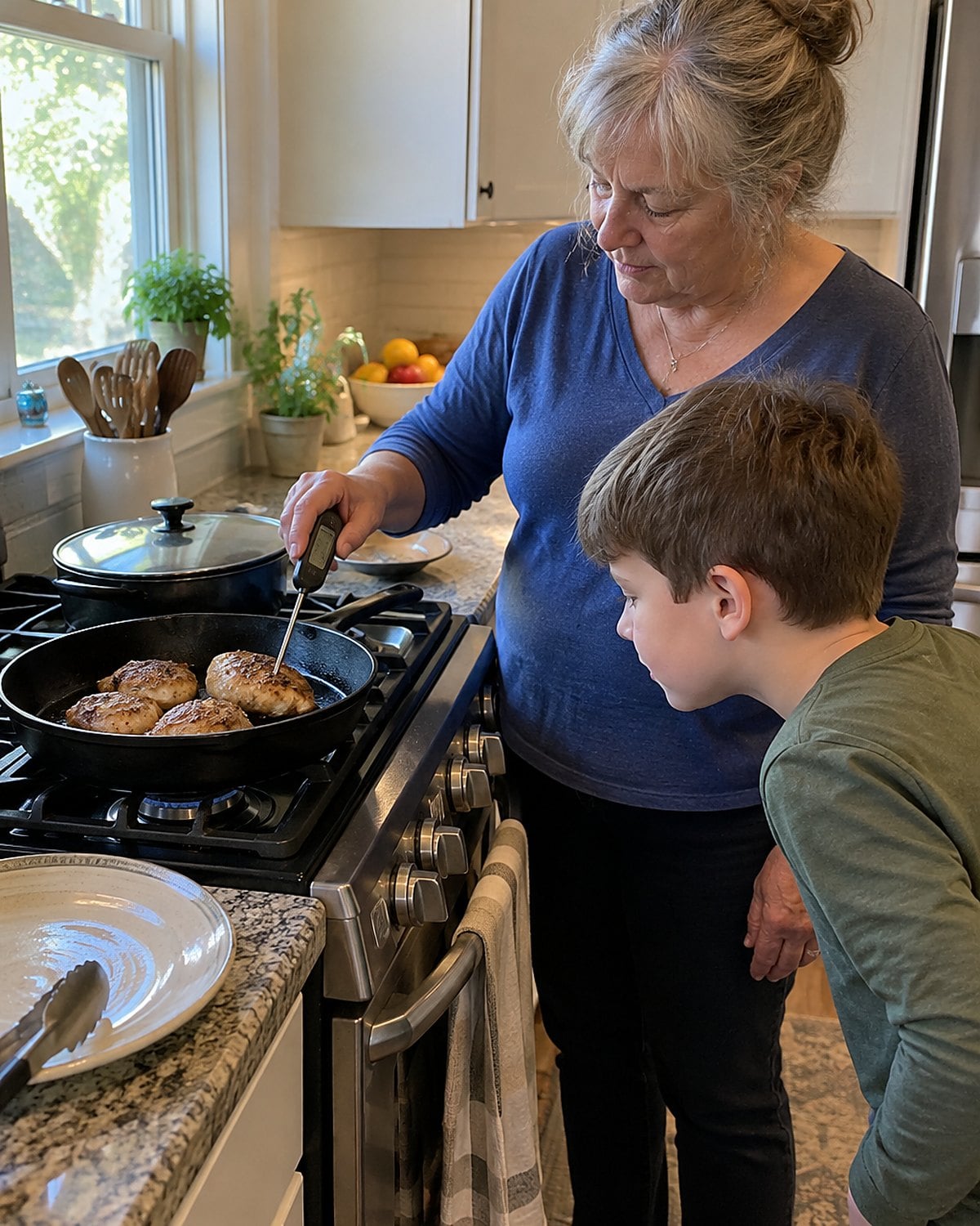 An older woman holding a food thermometer in chicken at the stove while a child watches the display.