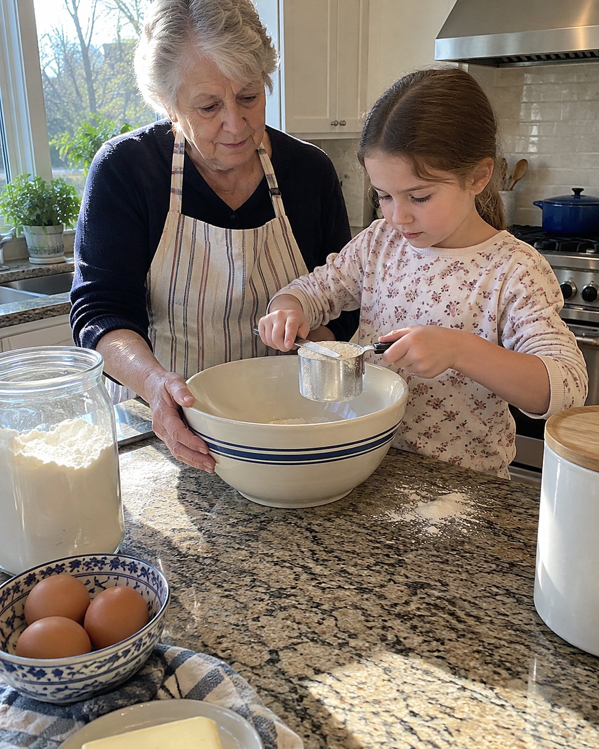 A child leveling flour in a measuring cup over a wide bowl.