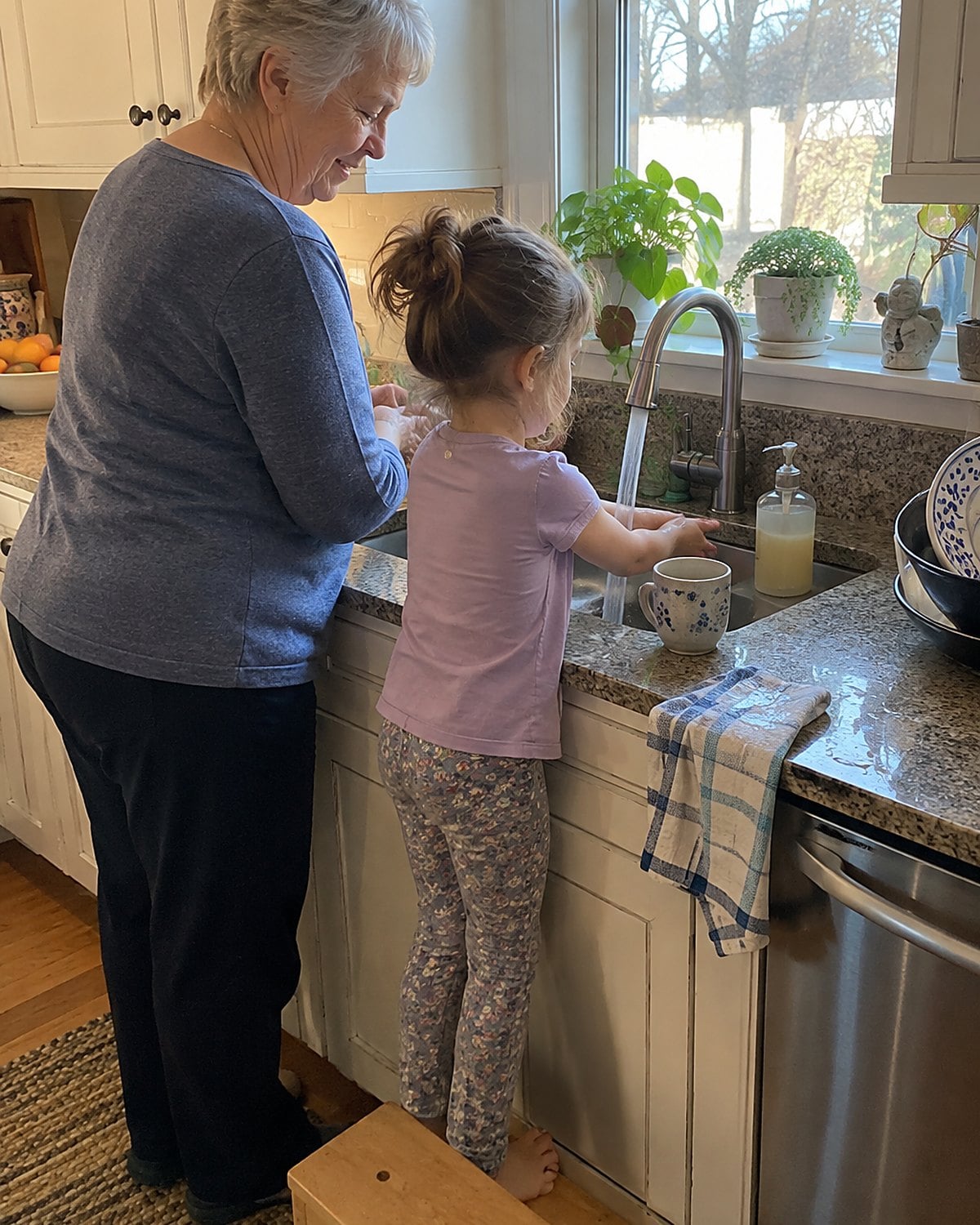 Two pairs of hands washing at a kitchen sink, with a soap bottle between them.