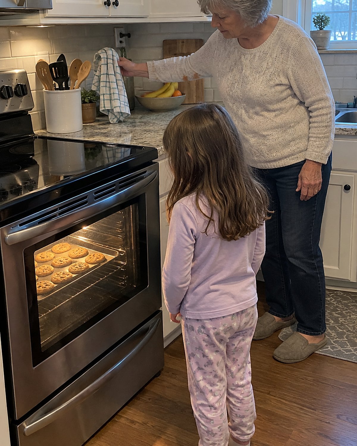 A child standing back from an oven, watching cookies through the lit window.