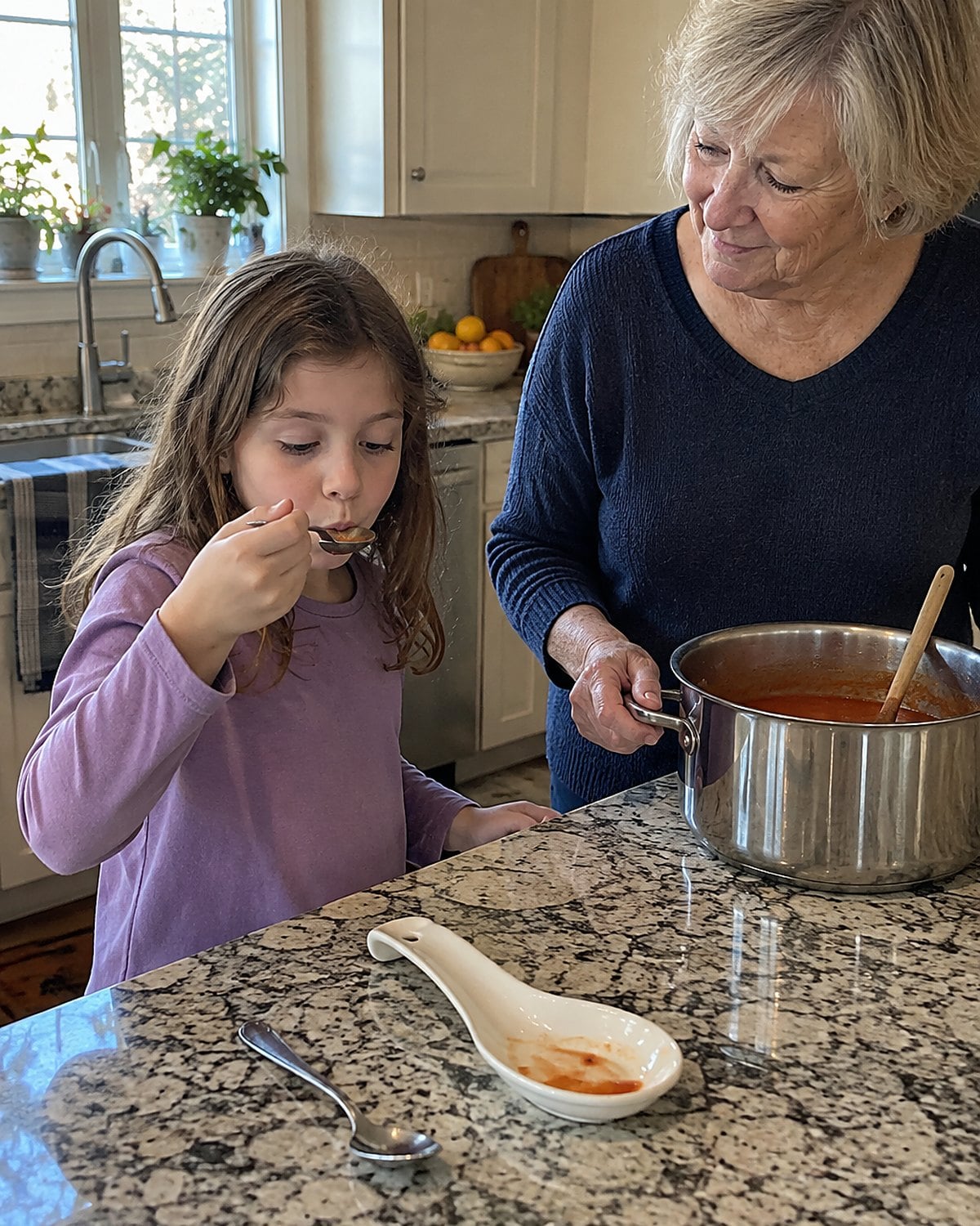 A child tasting a cooled spoonful of food at the counter while an older woman watches.