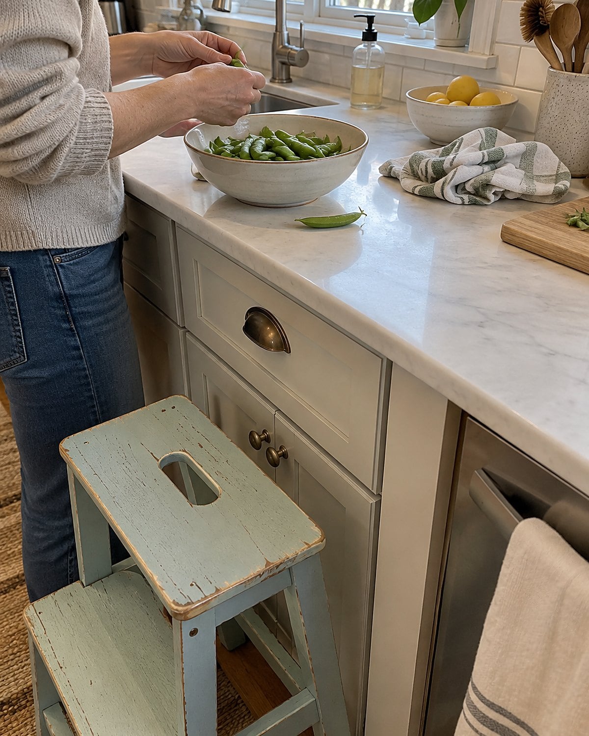 A childโs step stool against a clear kitchen counter, with a bowl of snap peas within reach.