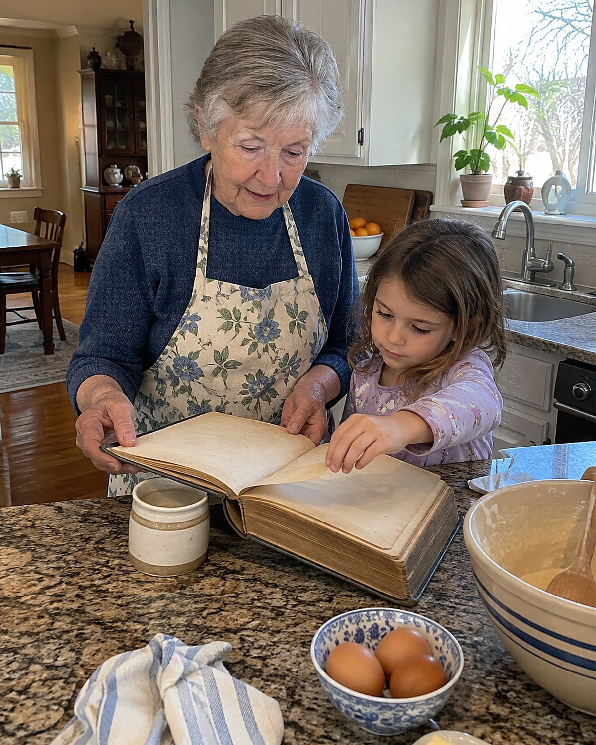 An older womanโs hand holding open a worn church cookbook on a kitchen counter.