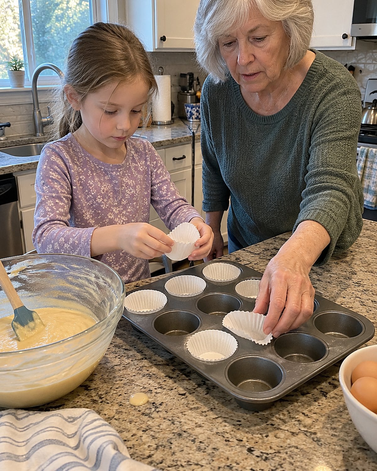 A child placing paper liners into a muffin tin beside a bowl of batter.