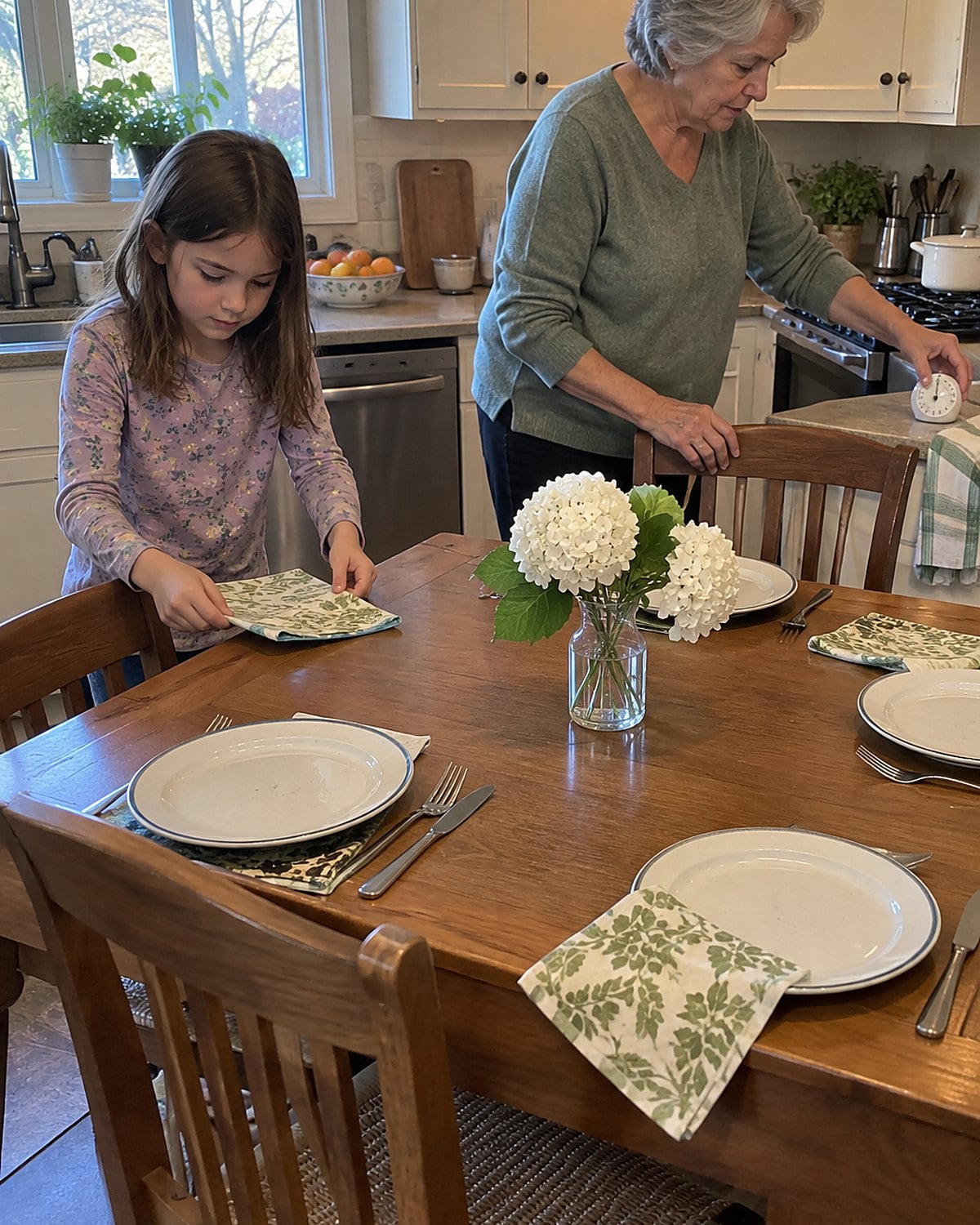 A kitchen timer beside a dish towel while a child sets napkins on a table.