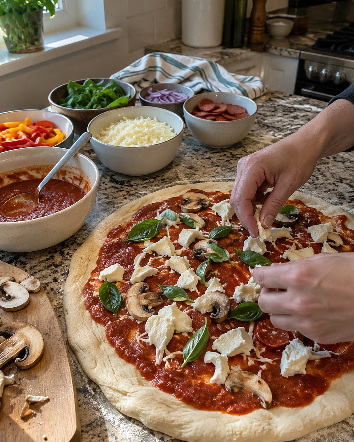 Small bowls of pizza toppings around dough on a home kitchen counter.