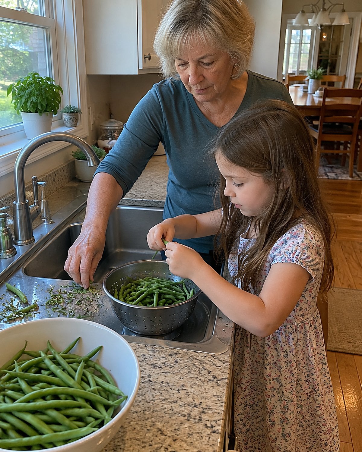 A childโs hands snapping green beans over a colander at the sink.