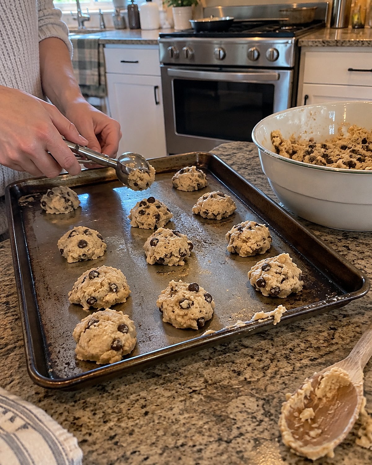 Uneven mounds of raw cookie dough on a baking sheet, ready for the oven.