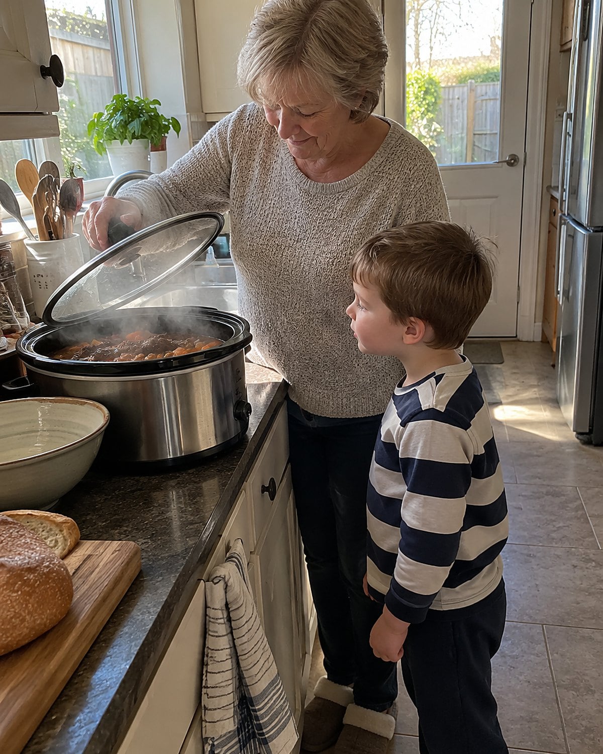 At a kitchen counter in mid-afternoon, a woman lifts the lid of a slow cooker while a small grandchild watches beside her, neither looking at the camera.