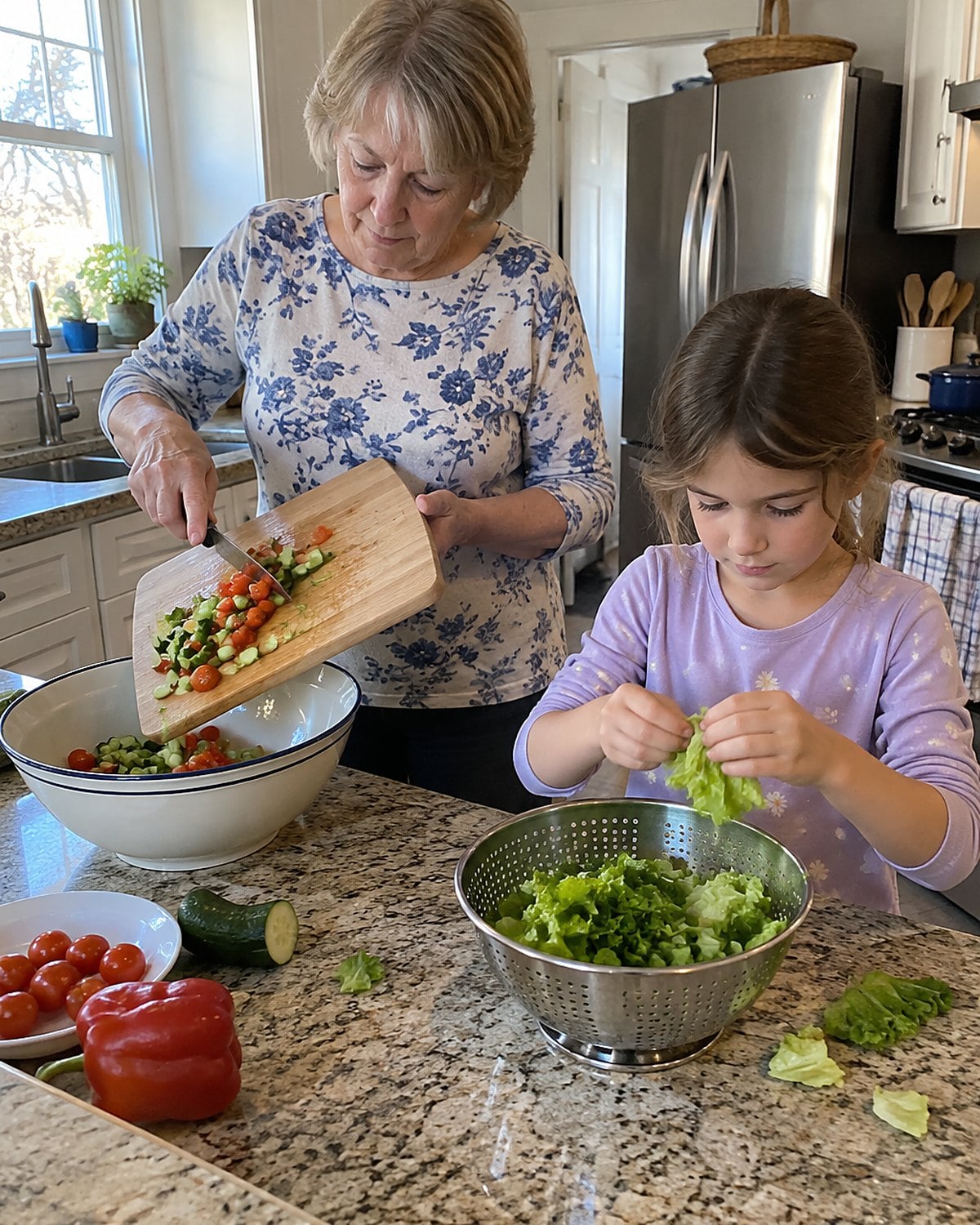 A grandchild tears lettuce at a cleared counter spot while a woman works nearby.