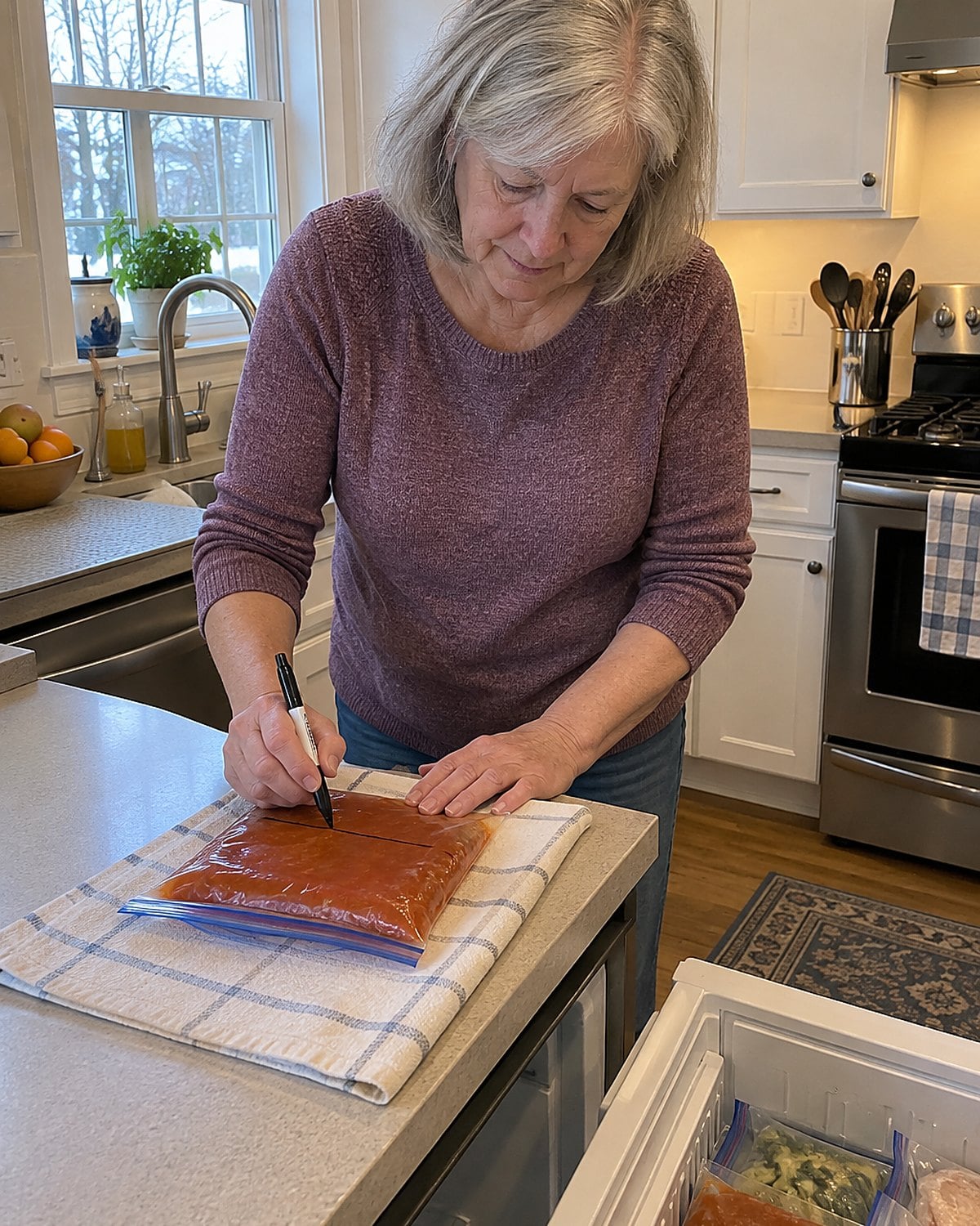 A hand marks a freezer bag filled with tomato soup beside an open freezer drawer.