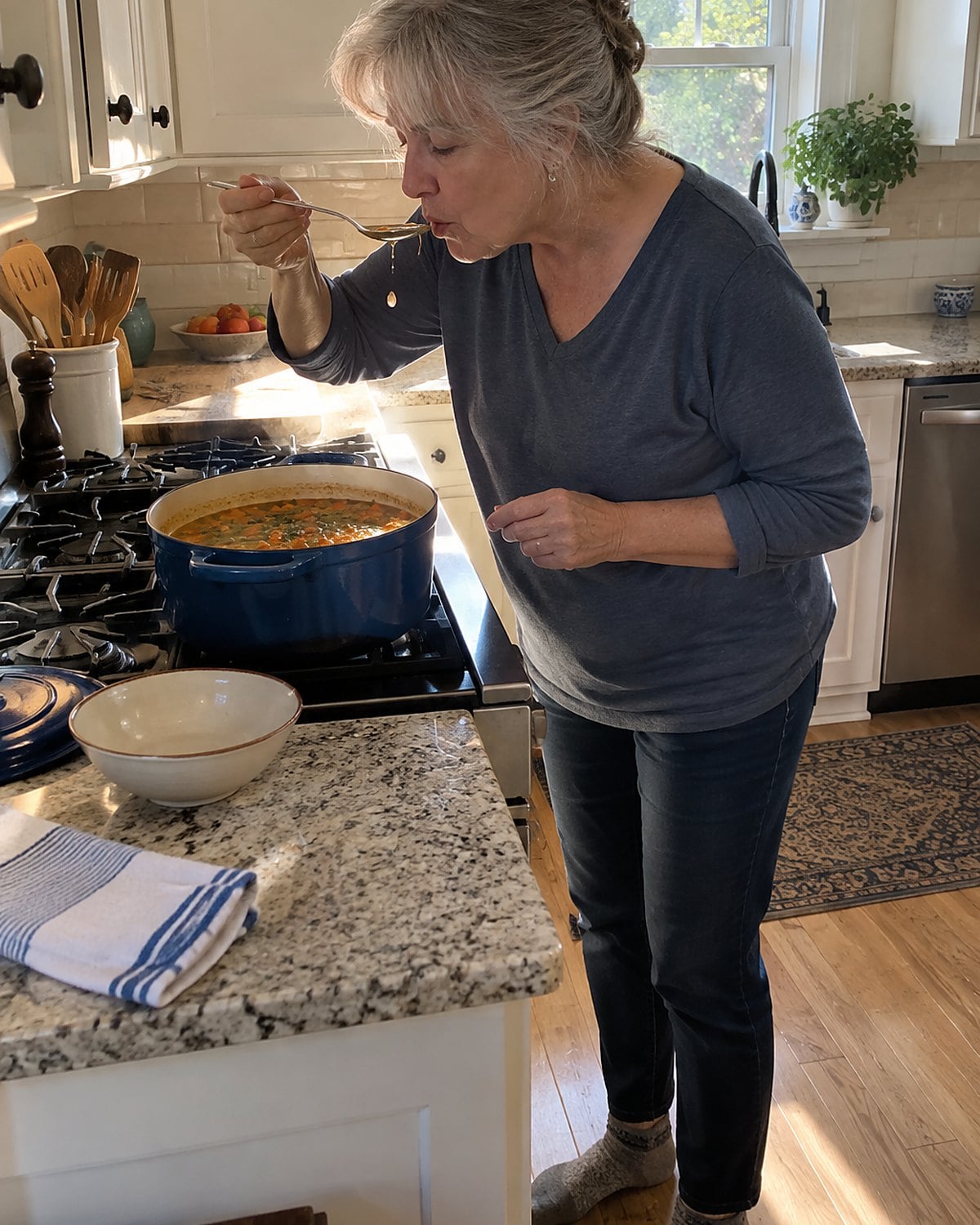 A woman holds a spoonful of soup above a pot, with a small empty bowl waiting nearby.
