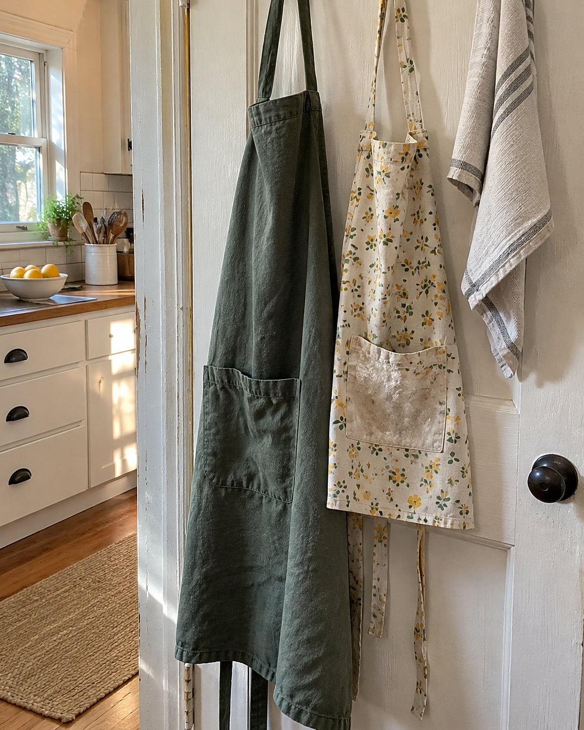 Two aprons hang from hooks behind a kitchen door, one adult-sized and one shorter.
