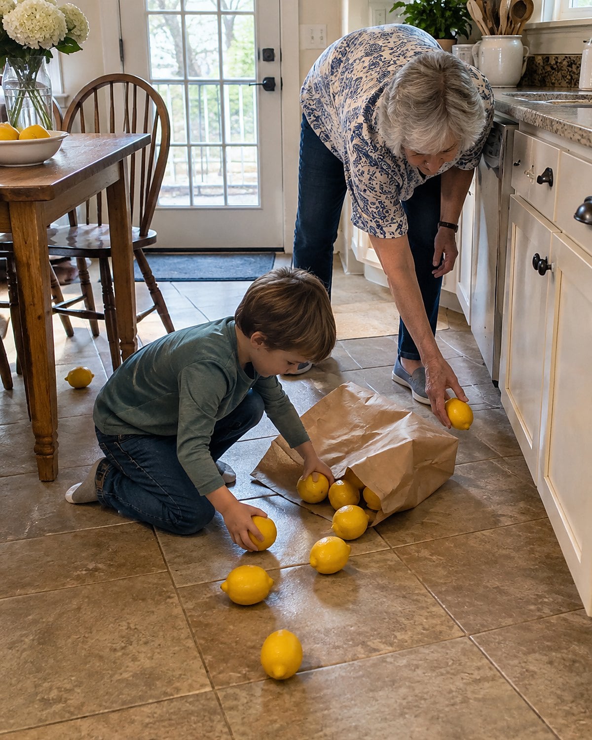 A grandchild gathers loose lemons from a grocery bag on the kitchen floor.
