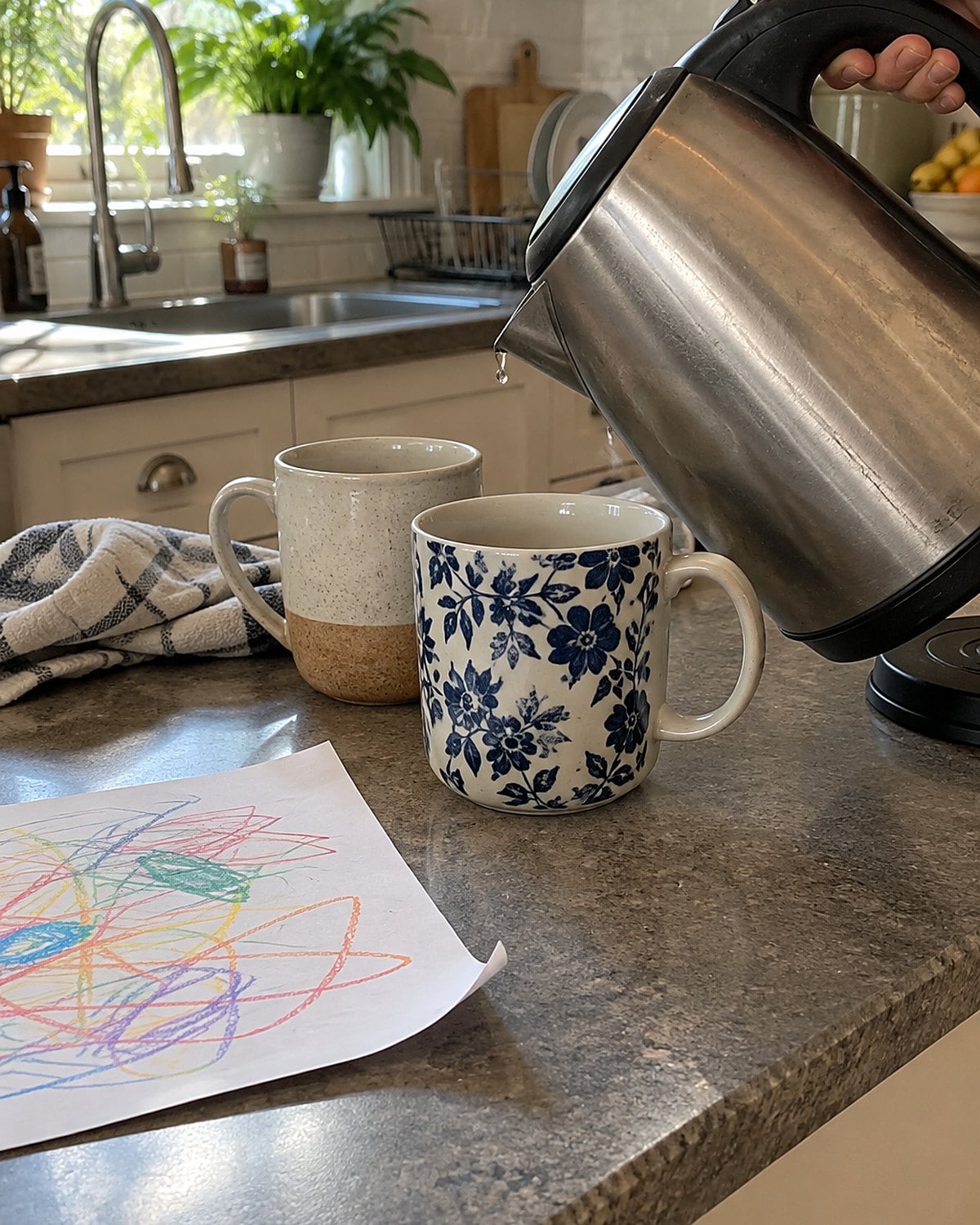An electric kettle and two mismatched mugs sit on a counter while a childโs drawing lies nearby.