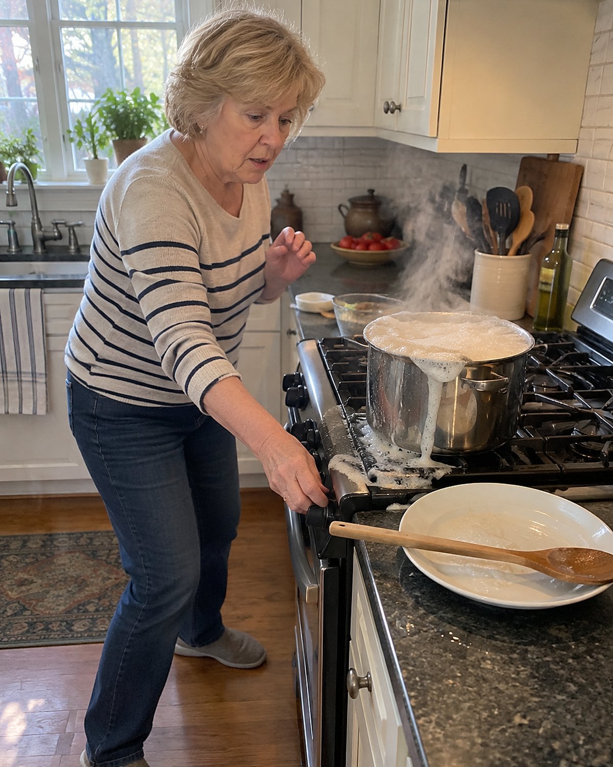 A pot of pasta foams over on a stove as a woman reaches for the burner knob.