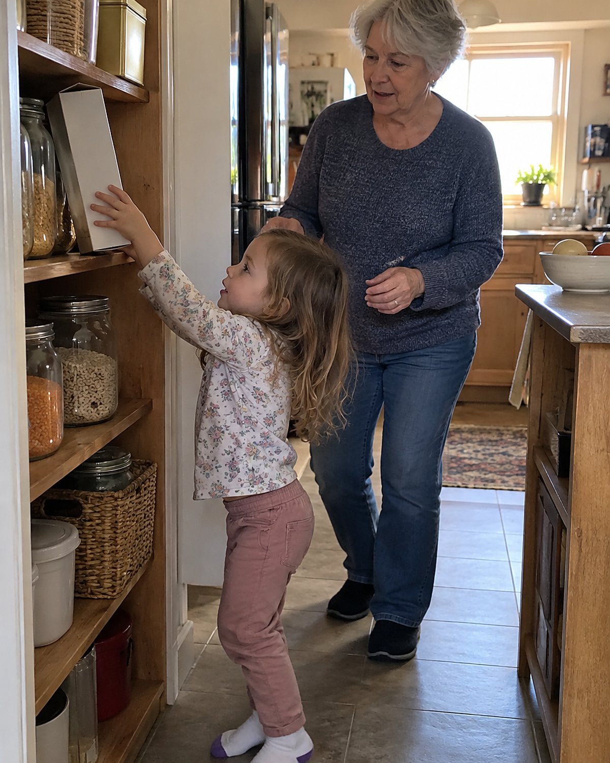 A grandchild reaches toward a cereal box on a low pantry shelf beneath stacked crackers.