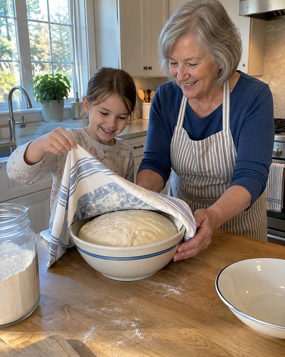 A dish towel covers a rising bowl of bread dough, with a small hand lifting one corner.
