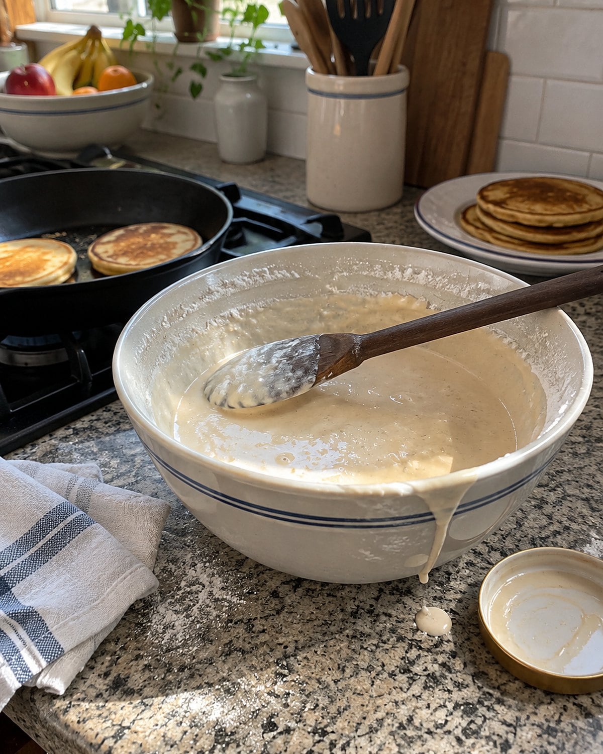 A dark-handled wooden spoon rests across a bowl of pancake batter with flour still showing at the rim.