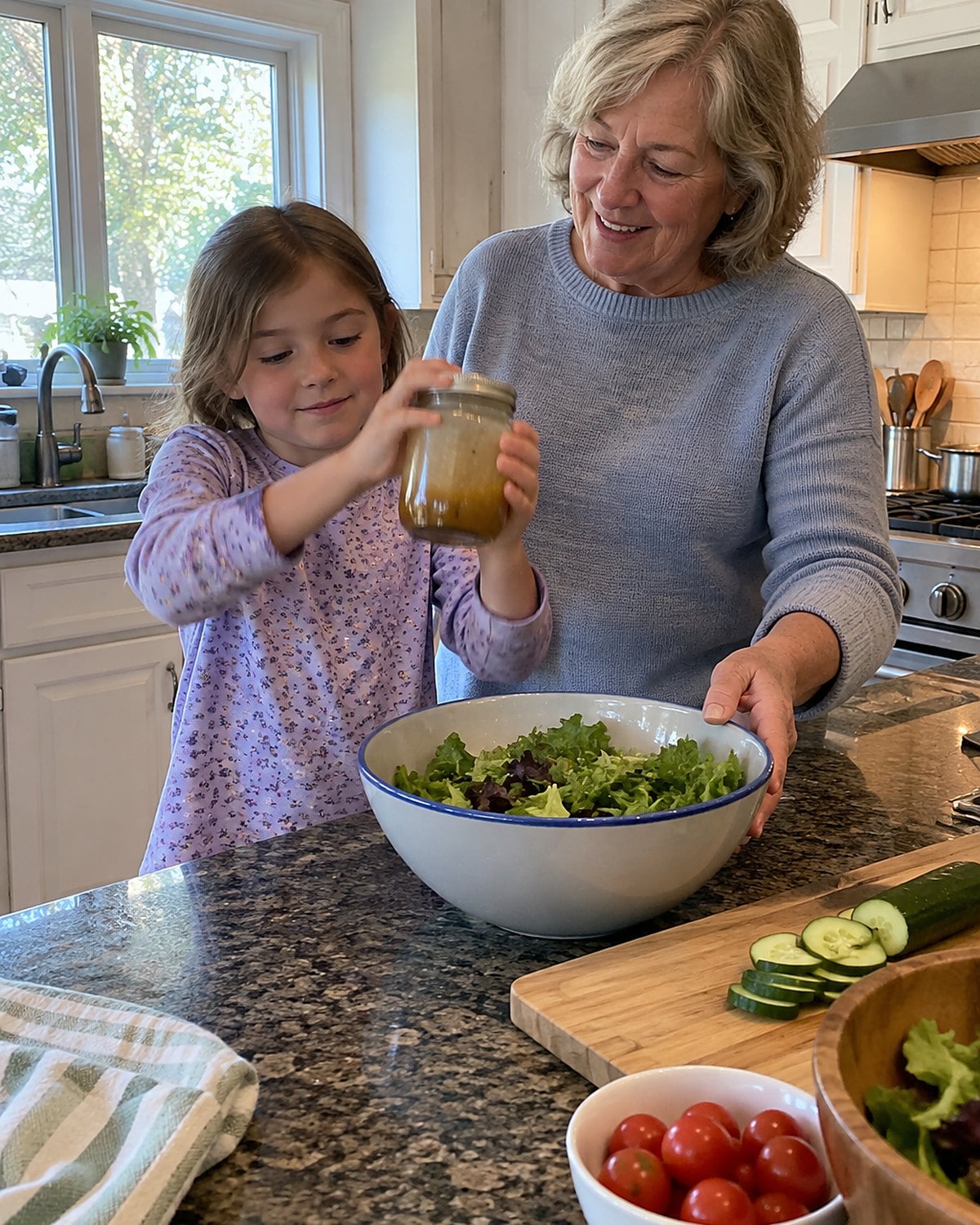 A grandchildโs hands shake a closed jam jar of dressing over the counter, with lettuce waiting nearby.
