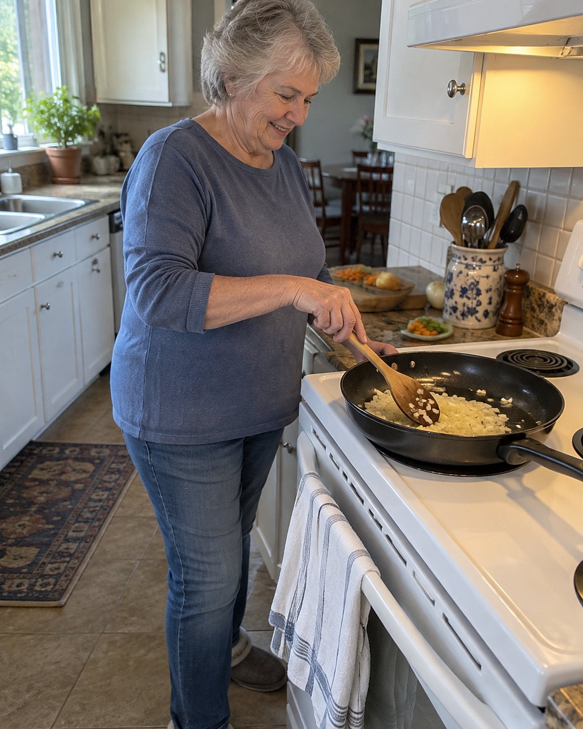On a white stove, chopped onions soften in a skillet as a woman stirs them with a wooden spoon.