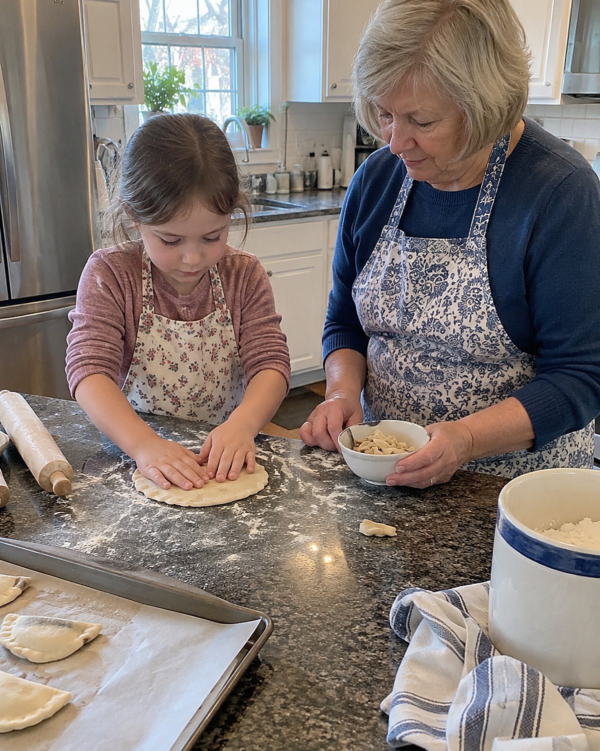 A childโs flour-dusted hands press dough on a kitchen counter beside a small bowl of scraps.