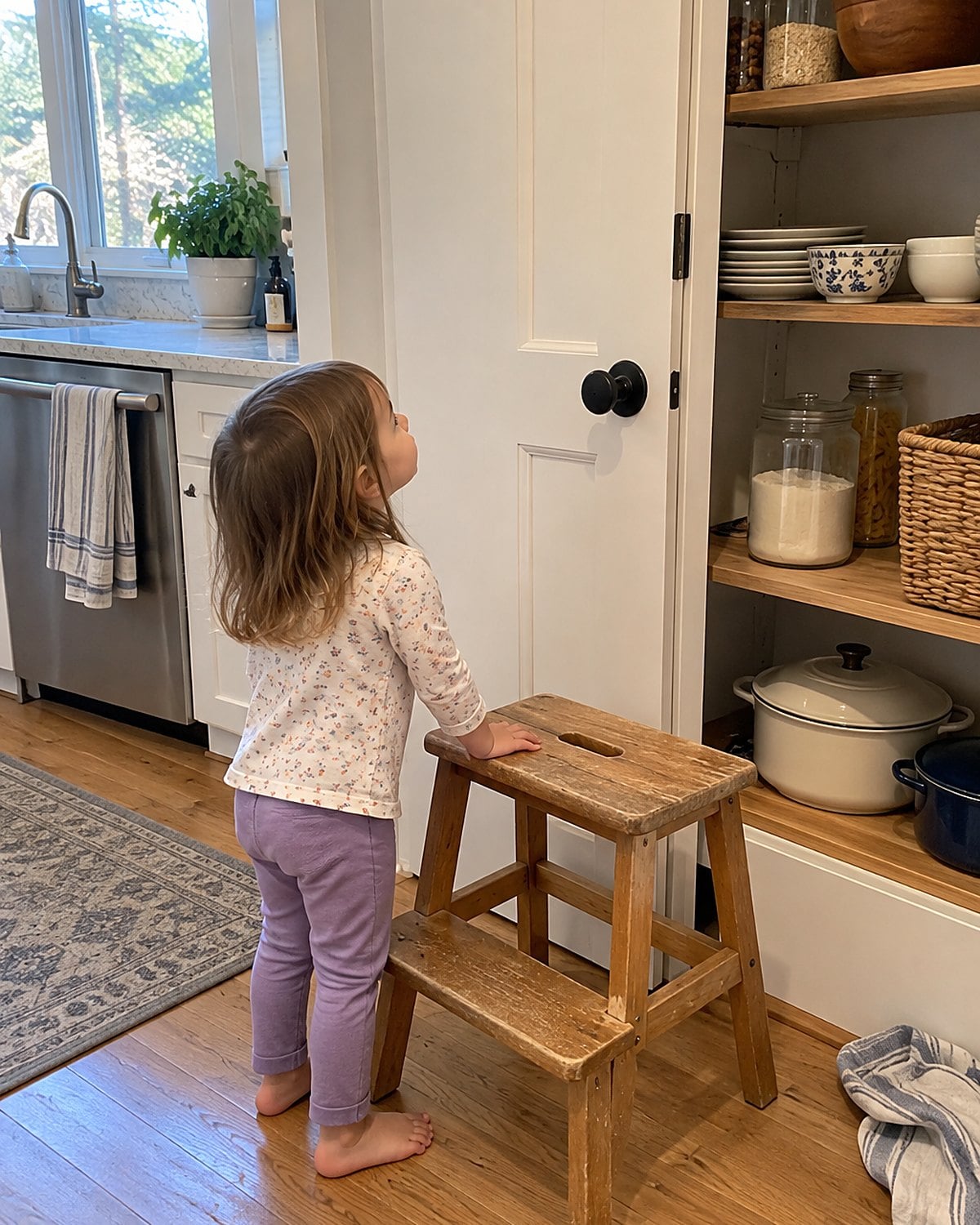 A scuffed step stool stands beside a pantry door while a childโs hand rests on its top step.