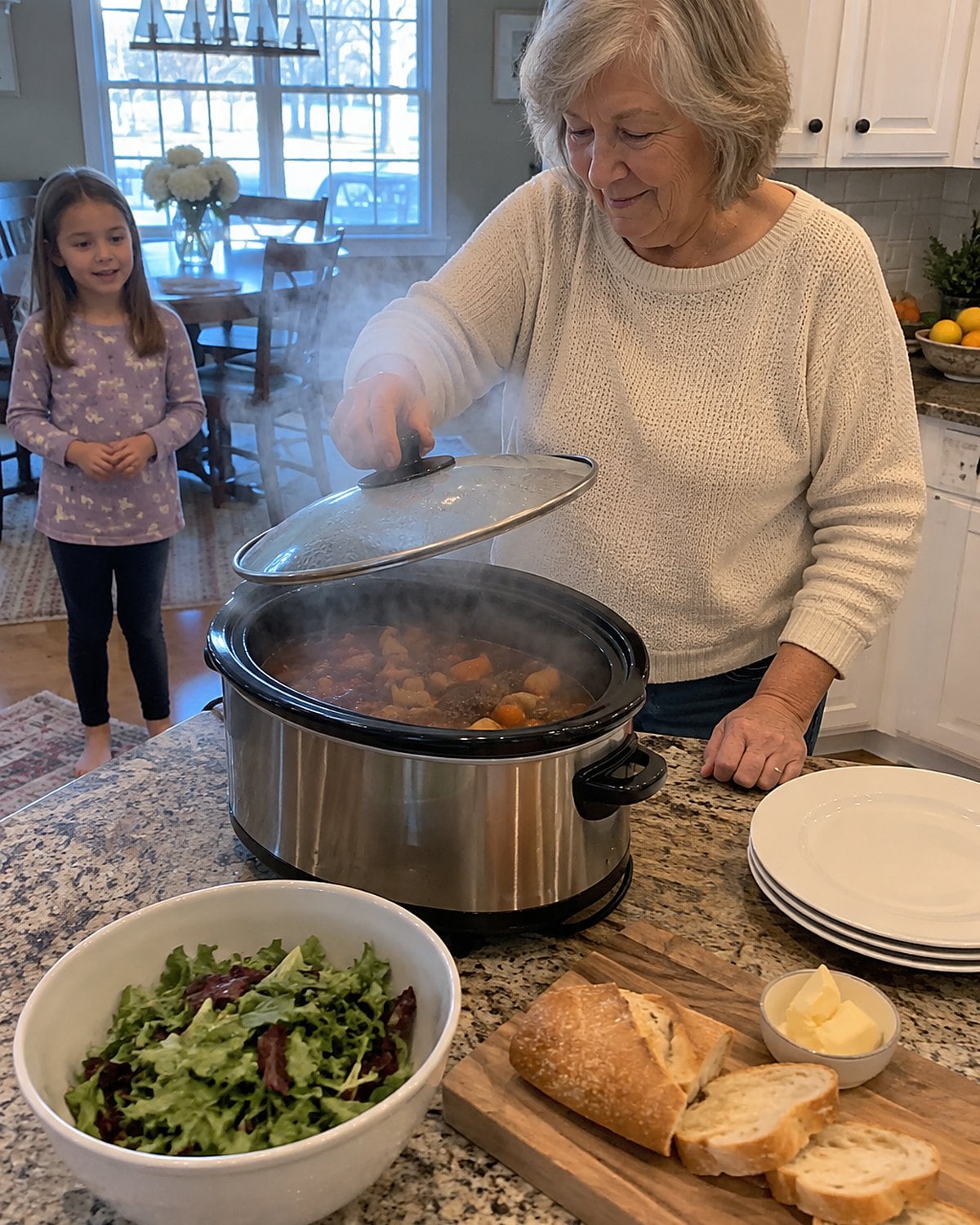 A womanโs hand lifts a fogged slow cooker lid at the kitchen counter while a grandchild watches from a safe distance.