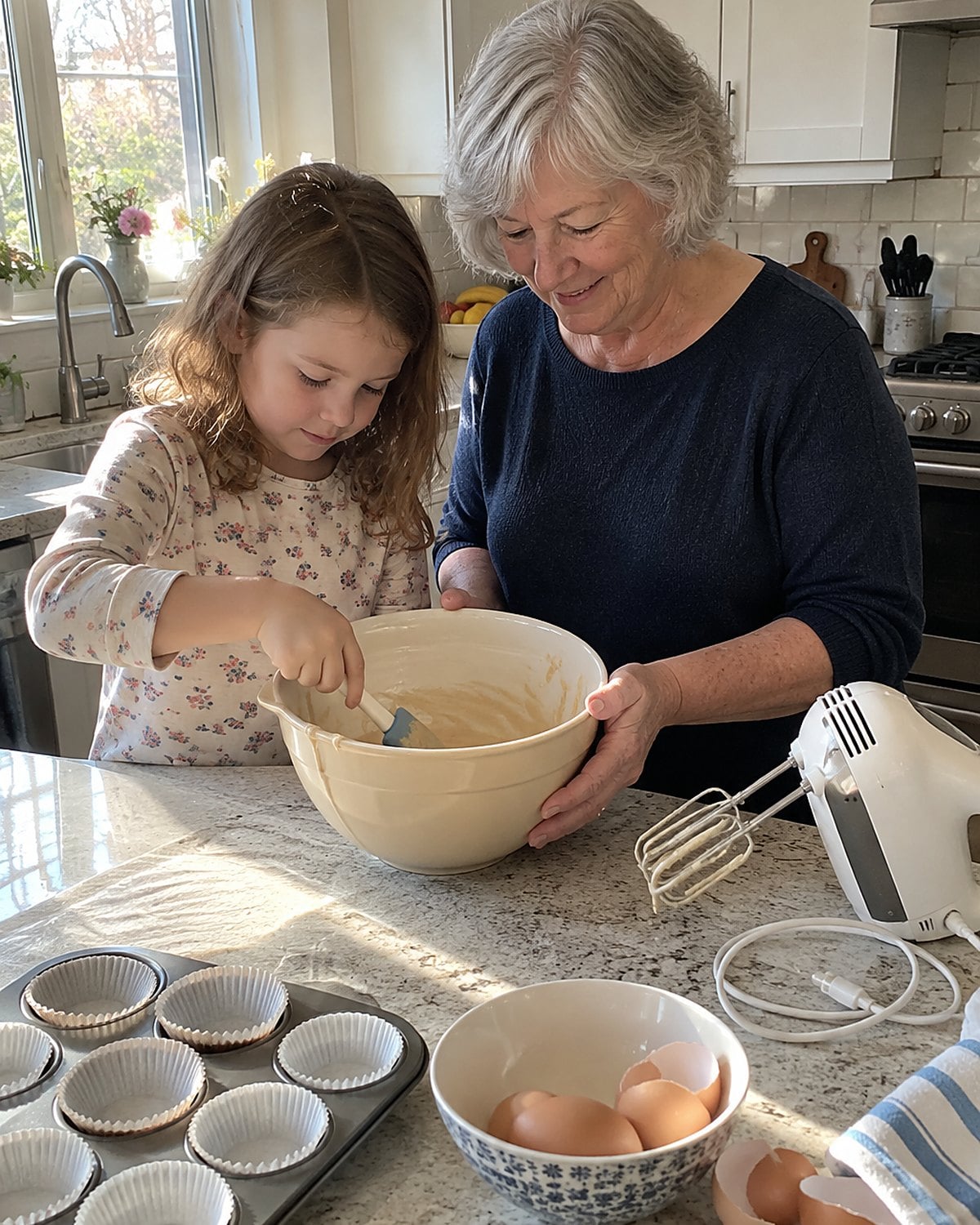 An unplugged hand mixer lies beside a batter bowl as a grandchild scrapes the bowl with a spatula.