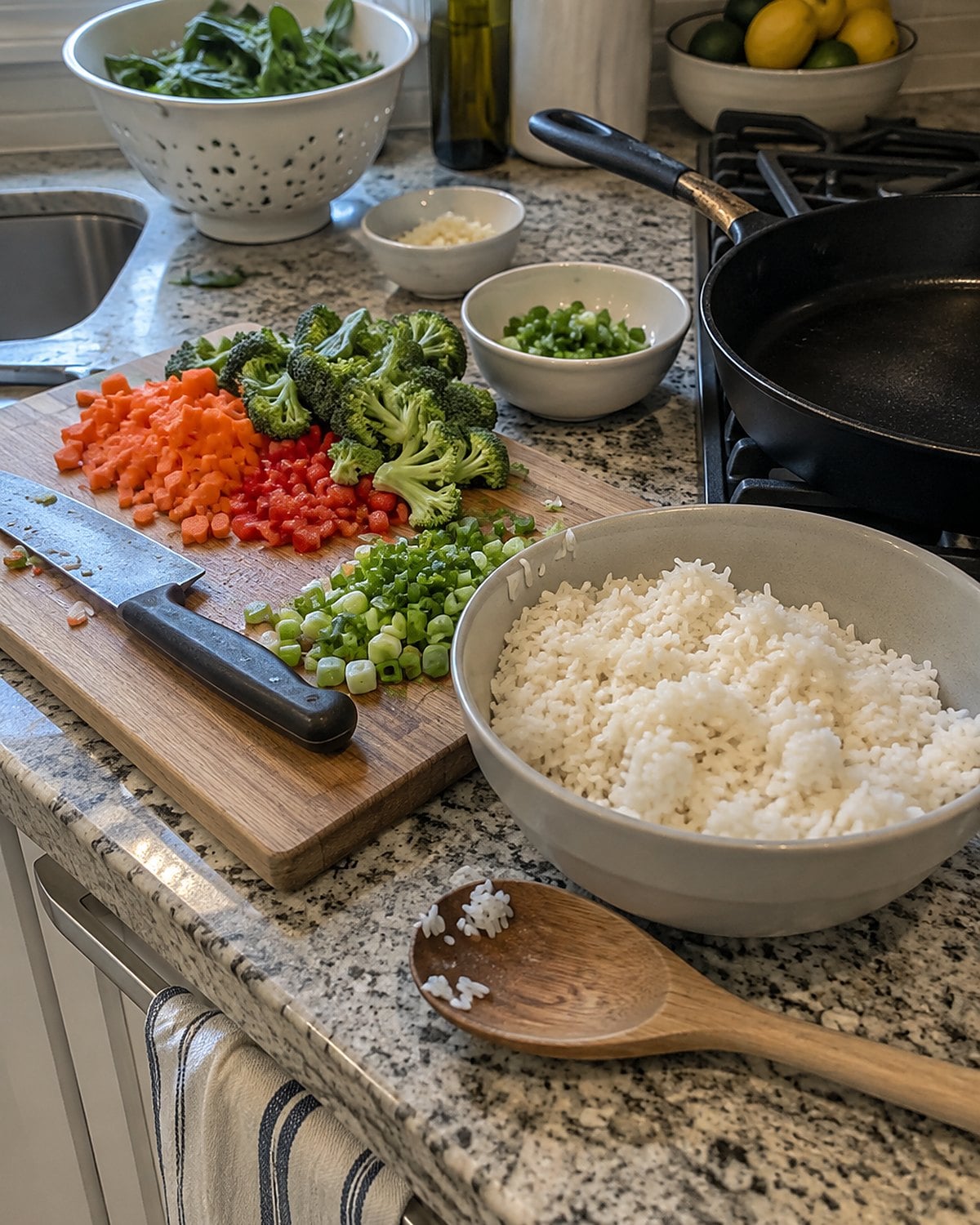 Cold rice and chopped vegetables sit beside a skillet on a kitchen stove.