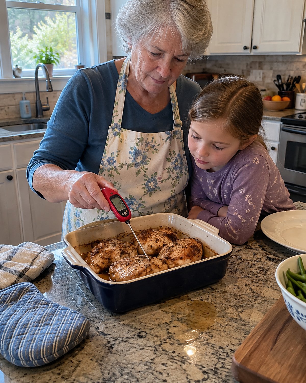 A woman checks chicken with a food thermometer while a grandchild reads the display from beside the counter.