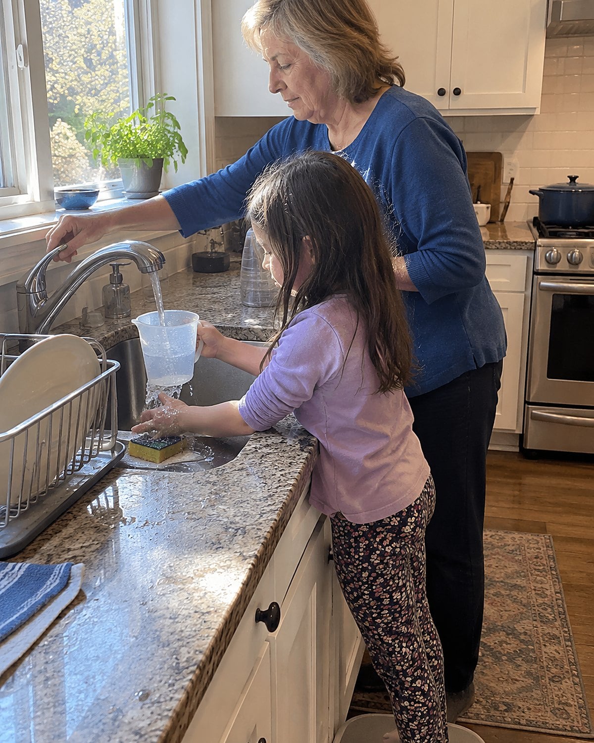 A child fills a plastic measuring cup at the sink, water sloshing over one hand.