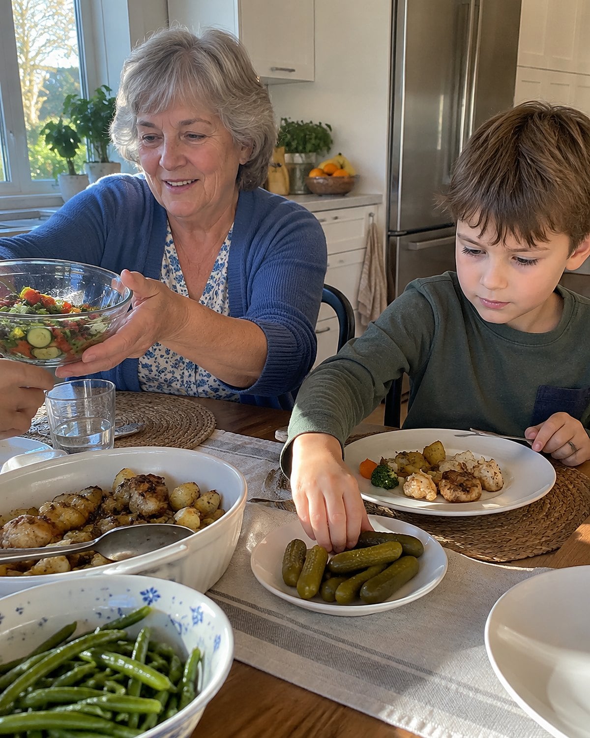 A small plate of pickles sits beside a family dinner, with a childโs hand reaching toward it.