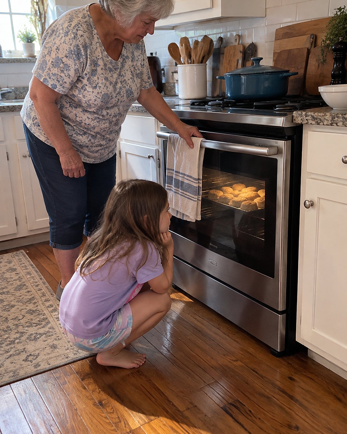 A grandchild crouches beside a lit oven to watch biscuits rise through the glass door.