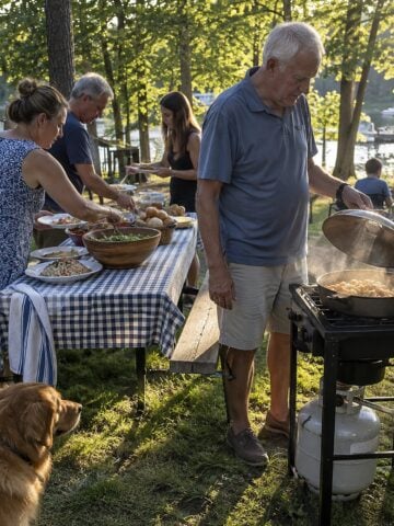 At a family reunion picnic table in late afternoon, a man in his seventies stands at the nearby stove lifting a pan lid while relatives reach for plates, nobody posing.