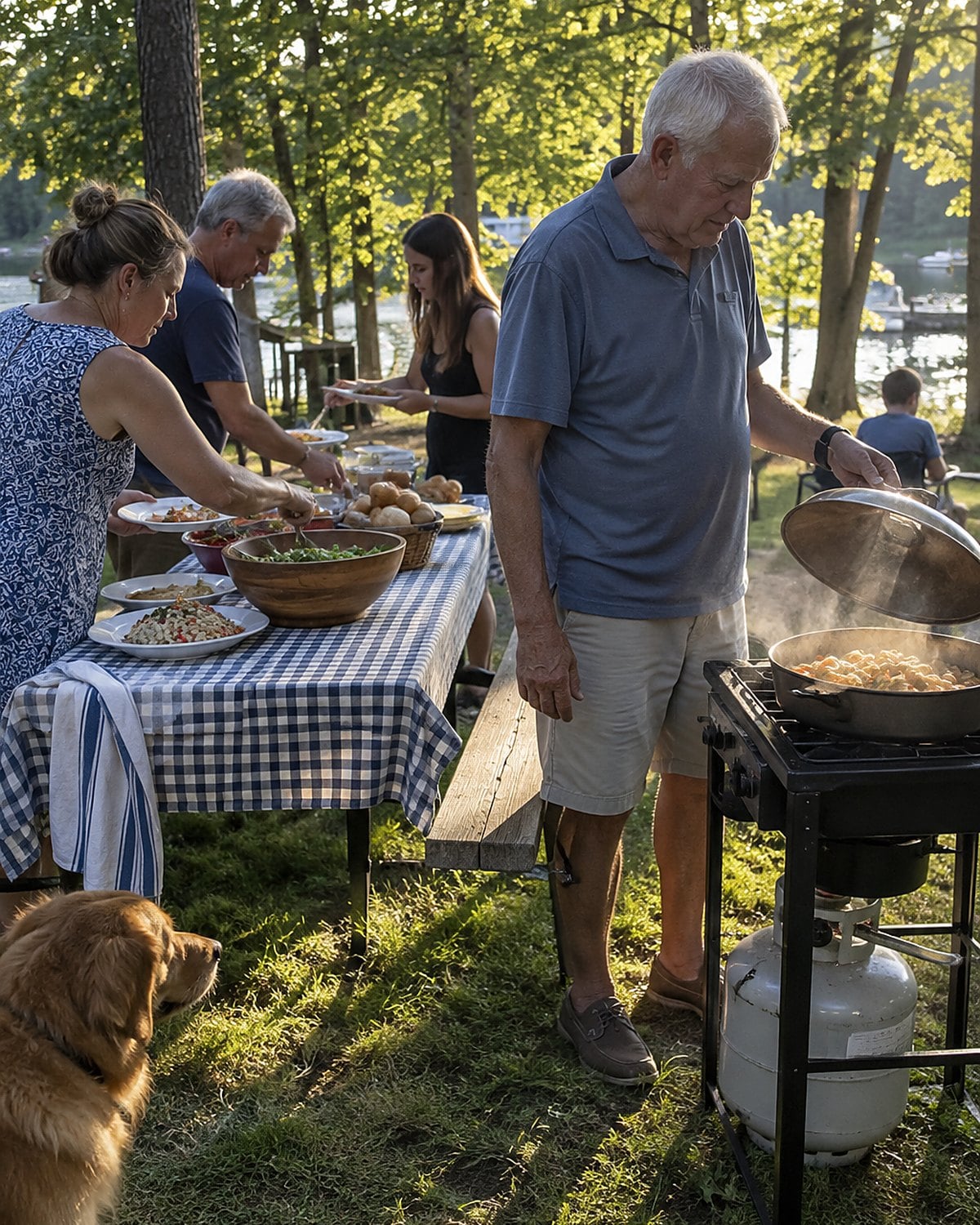 At a family reunion picnic table in late afternoon, a man in his seventies stands at the nearby stove lifting a pan lid while relatives reach for plates, nobody posing.