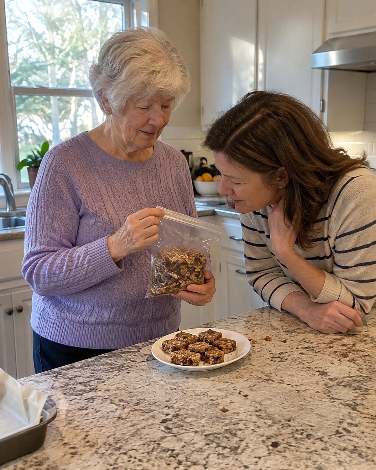 An older womanโs hands holding an ingredient package beside a treat on the counter while a parent looks at the label.
