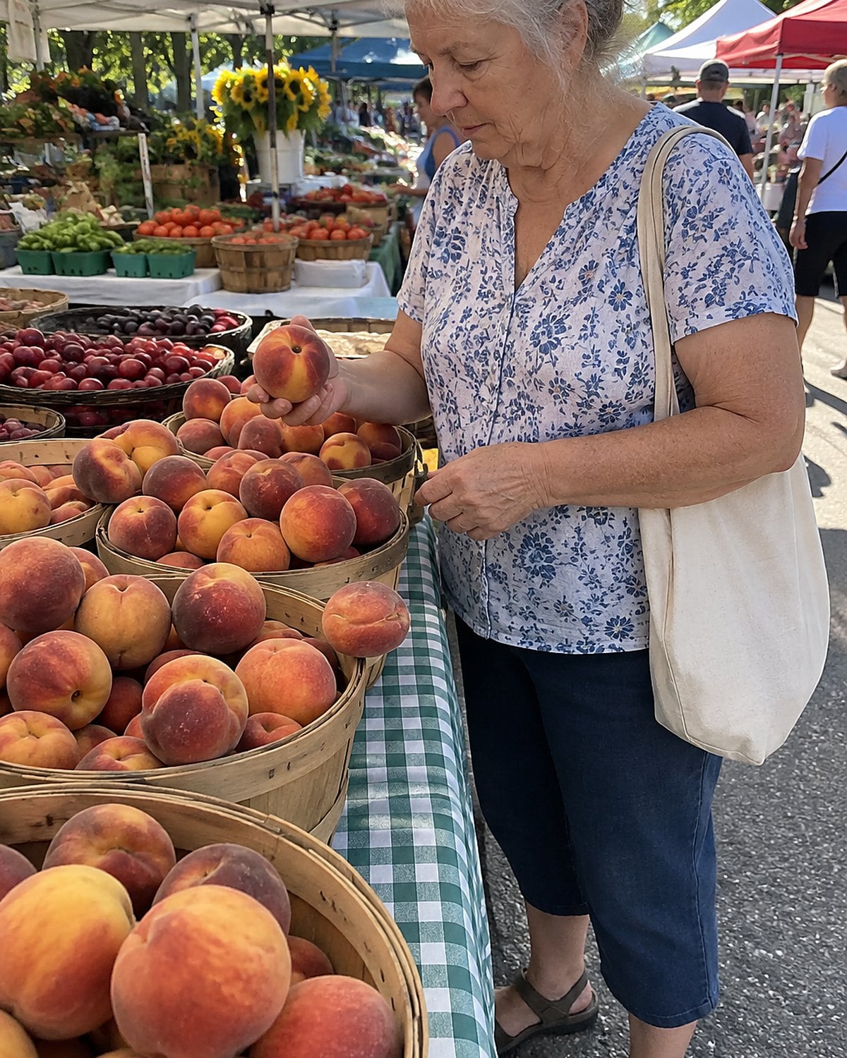 A hand holding a peach over a market stall basket of uneven ripe fruit.