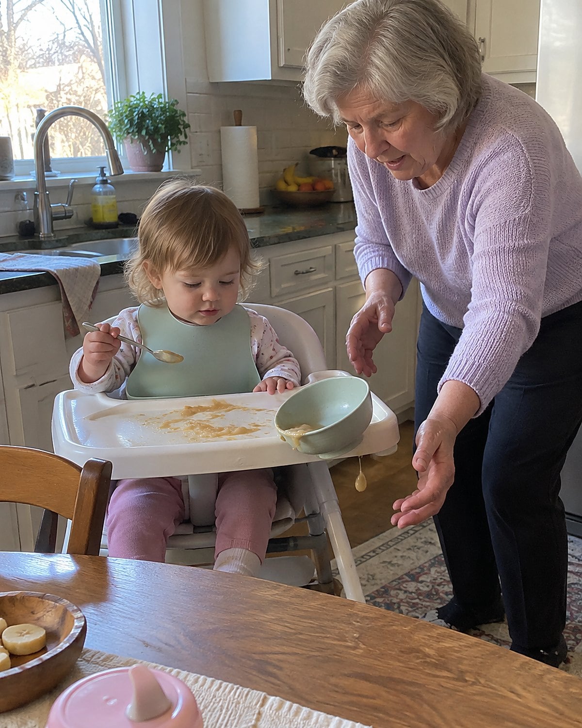 A childโs hand gripping a spoon above applesauce smeared across a high-chair tray.