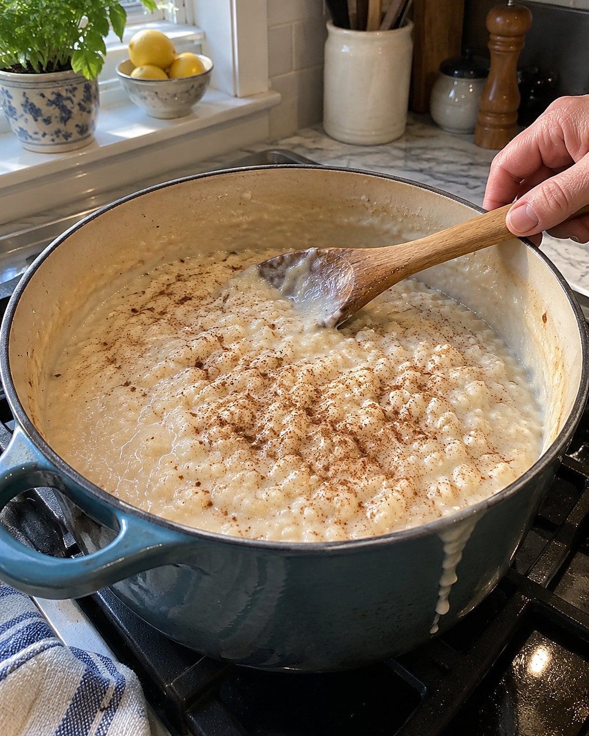 A pot of rice pudding with nutmeg on top and a wooden spoon resting across its rim.