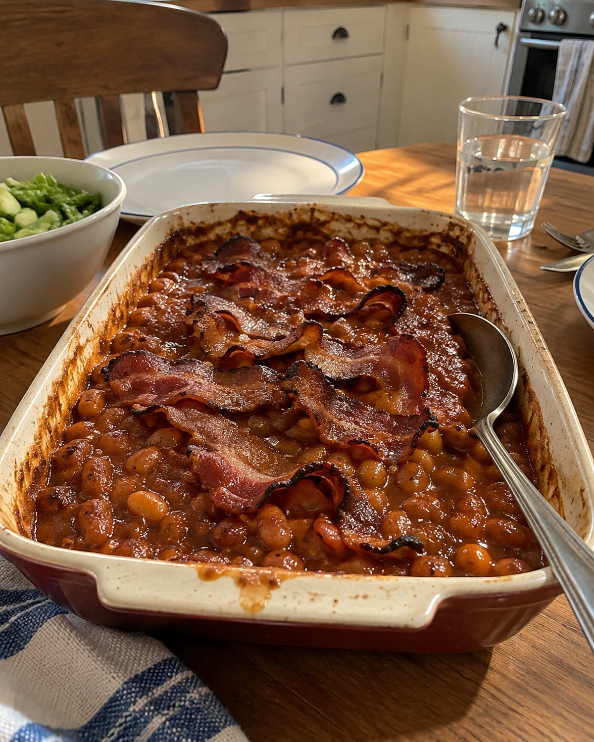 A small baking dish of beans with curled bacon on top and a serving spoon at its side.