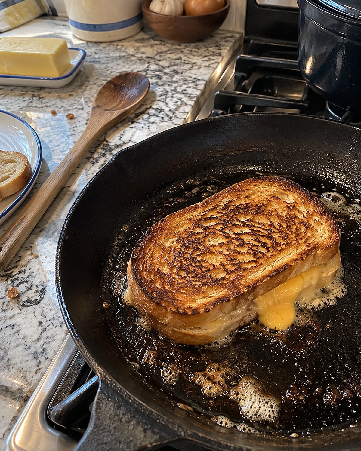 A grilled cheese sandwich browning in a skillet, with melted cheese at one edge.