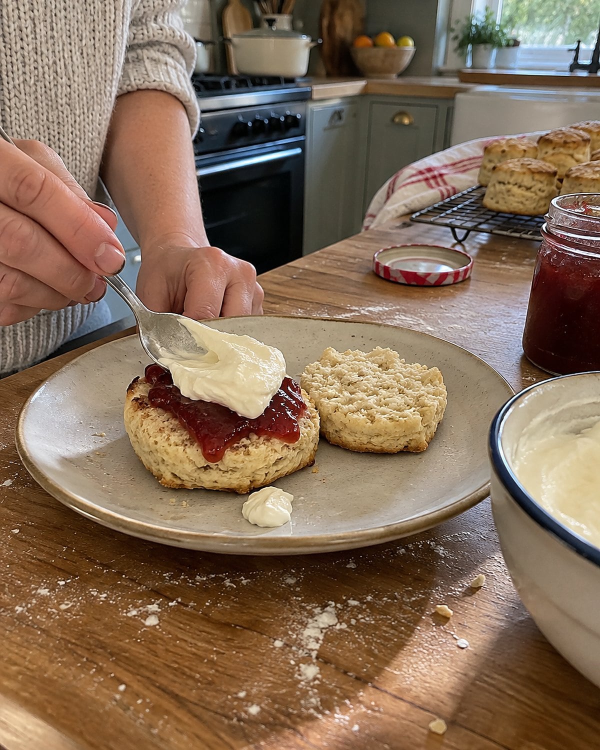A split biscuit with jam and a spoonful of cream on a flour-dusted counter.
