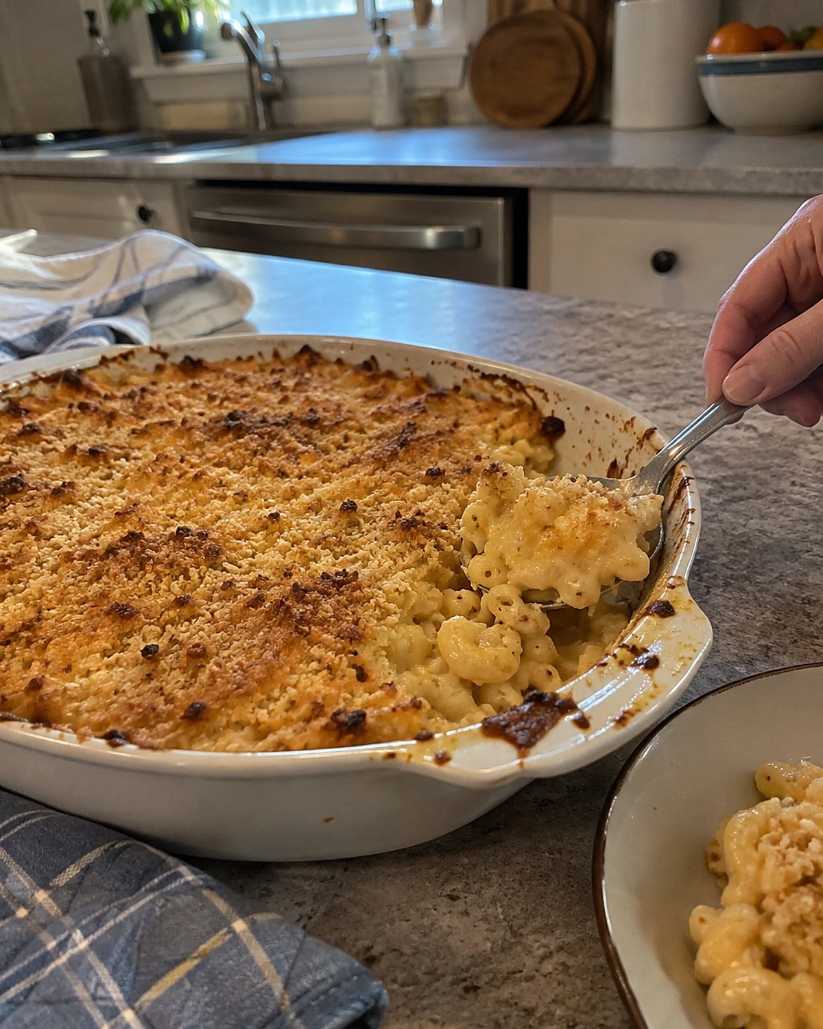 A shallow dish of macaroni with a browned crumb top resting beside an oven mitt.