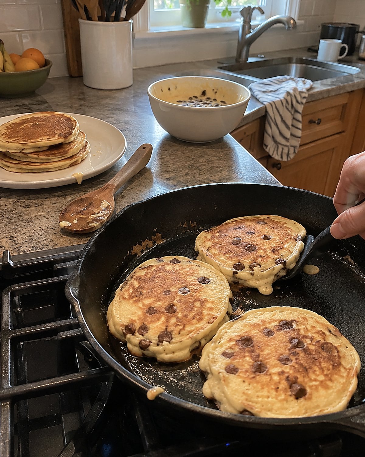 Chocolate chip pancakes in a skillet, with plain pancakes waiting on a nearby plate.