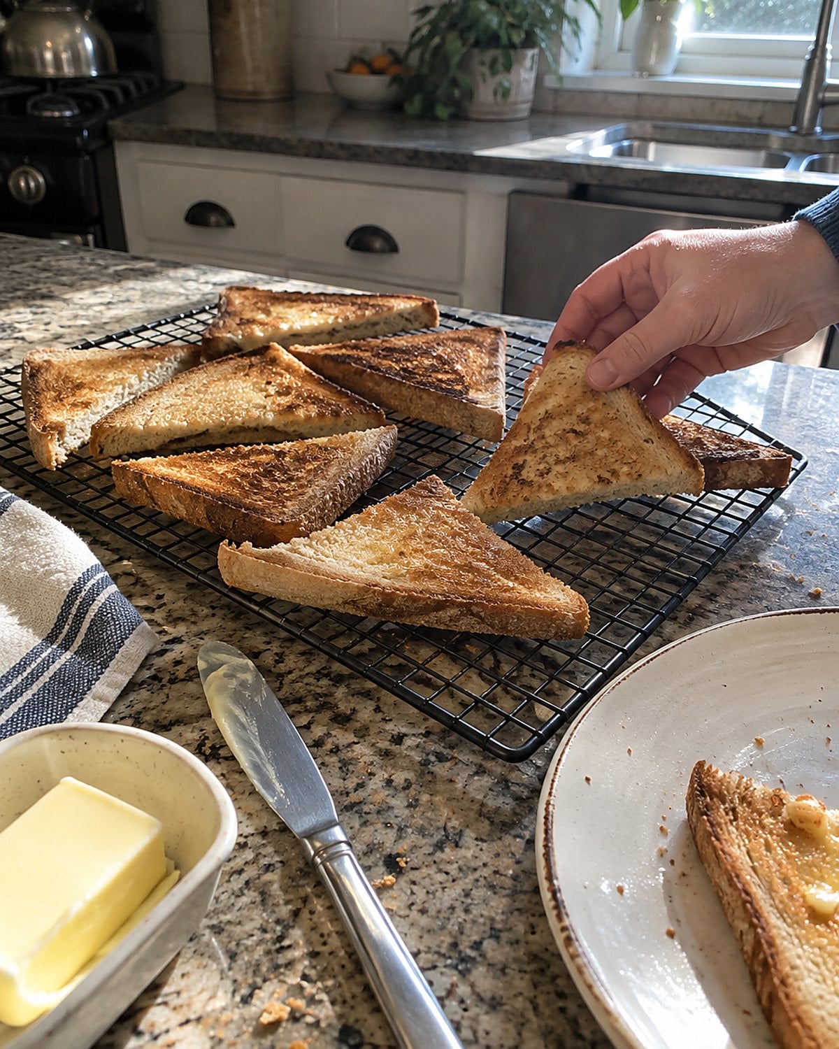 Toast triangles cooling on a wire rack beside a butter knife and a plate.
