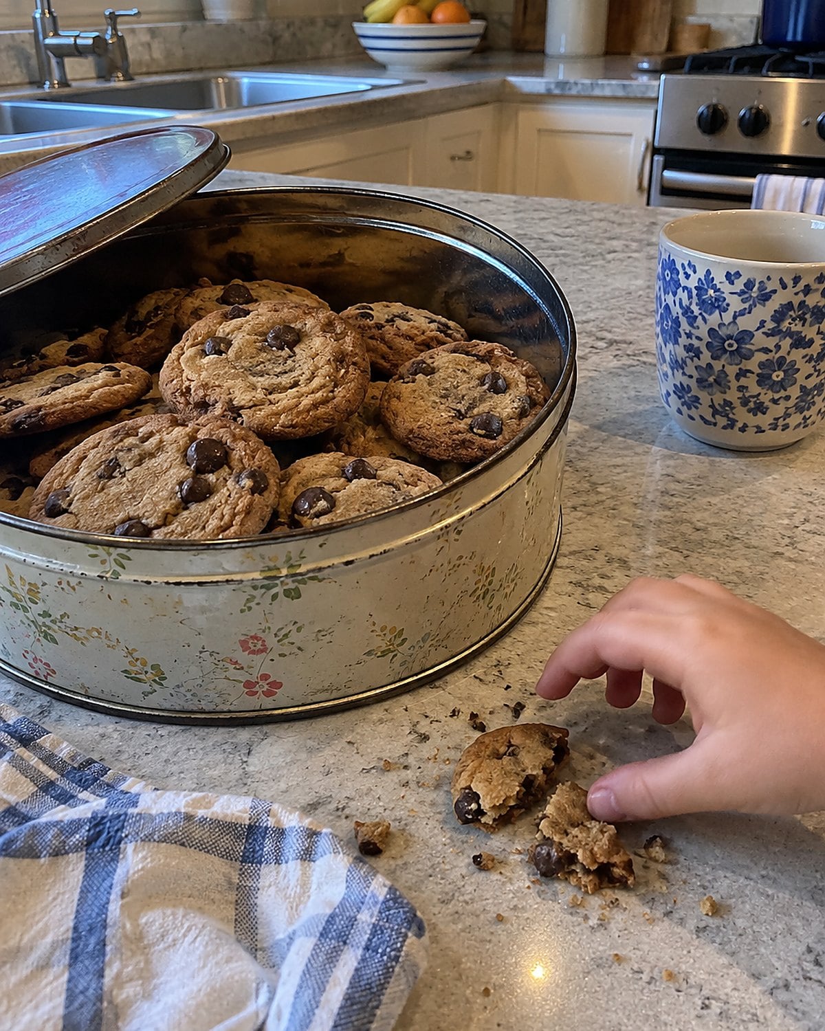 An open metal cookie tin on a kitchen counter, with one broken cookie beside a small reaching hand.