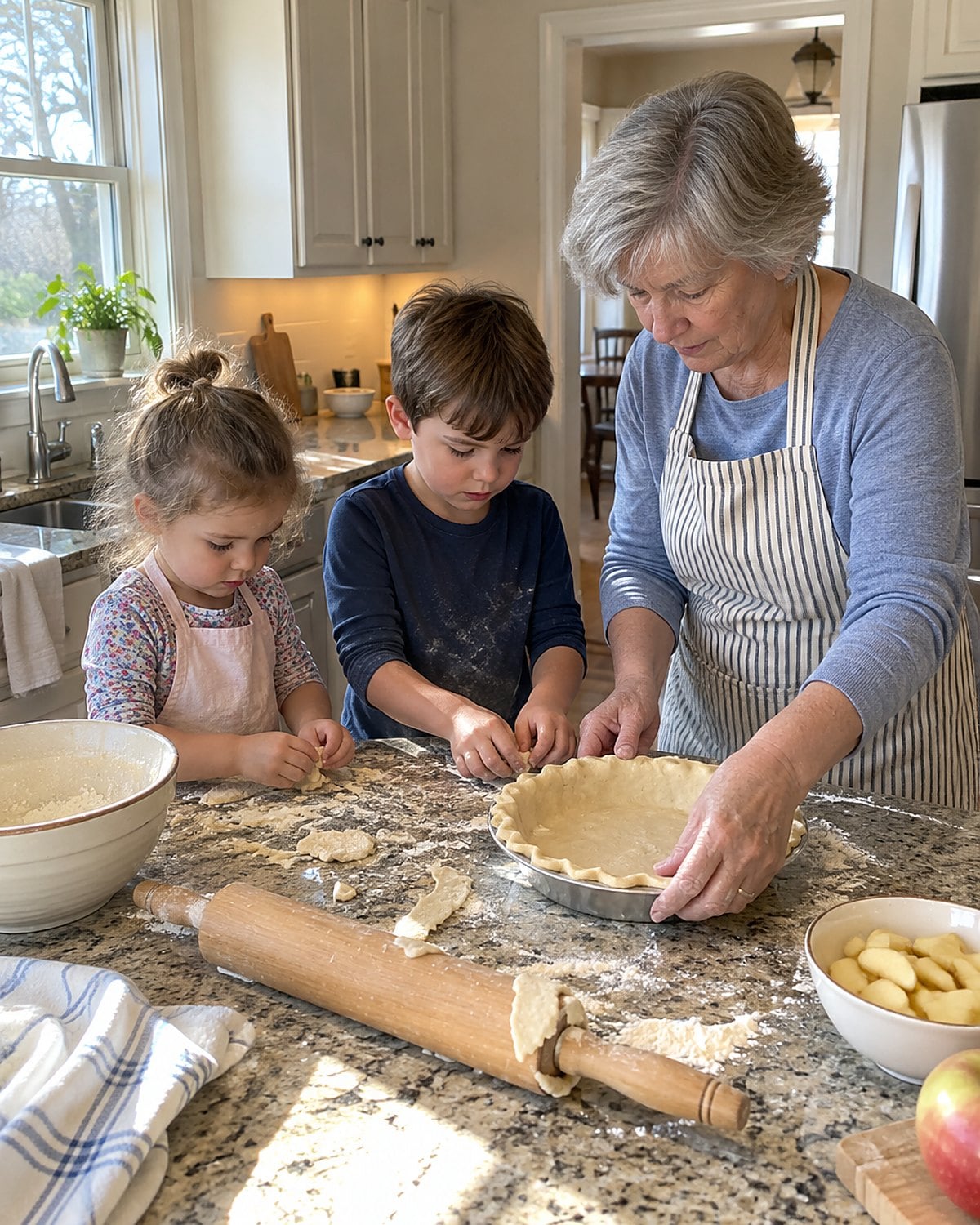 Small hands pressing pie dough scraps beside a bent pie tin on a kitchen counter.
